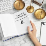Woman turning page of book with words PERSONAL INJURY LAW at table Woman turning page of book with words PERSONAL INJURY LAW at table