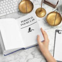 Woman turning page of book with words PERSONAL INJURY LAW at table Woman turning page of book with words PERSONAL INJURY LAW at table