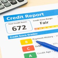 Fair credit score report with pen and calculator Fair credit score report with pen and calculator