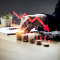 Economic collapse concept, businessman with falling financial graph chart due to global recession. Stock market crash, inflation, financial crisis, Falling income in GDP, capital reduction Economic collapse concept, businessman with falling financial graph chart due to global recession. Stock market crash, inflation, financial crisis, Falling income in GDP, capital reduction