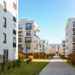 Modern apartment buildings in a green residential area in the city