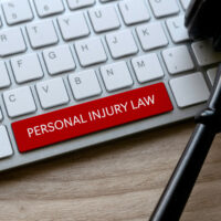 Selective focus of gavel and computer keyboard with red key written with Personal Injury Law on a wooden background.