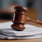 Wooden gavel rests on stack of white legal documents.