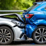 Silver and blue cars collided head-on with visible front-end damage on both vehicles