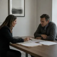 Bankruptcy Attorney Reviewing Case Documents With Worried Client In Law Office Bankruptcy Attorney Reviewing Case Documents With Worried Client In Law Office